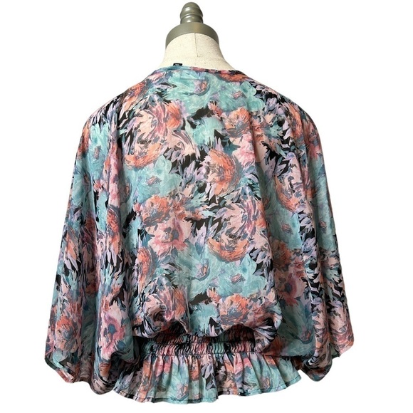Allen B Floral Sheer Flutter Short Sleeve Elastic Smocked Blouse Size Large - Picture 6 of 16
